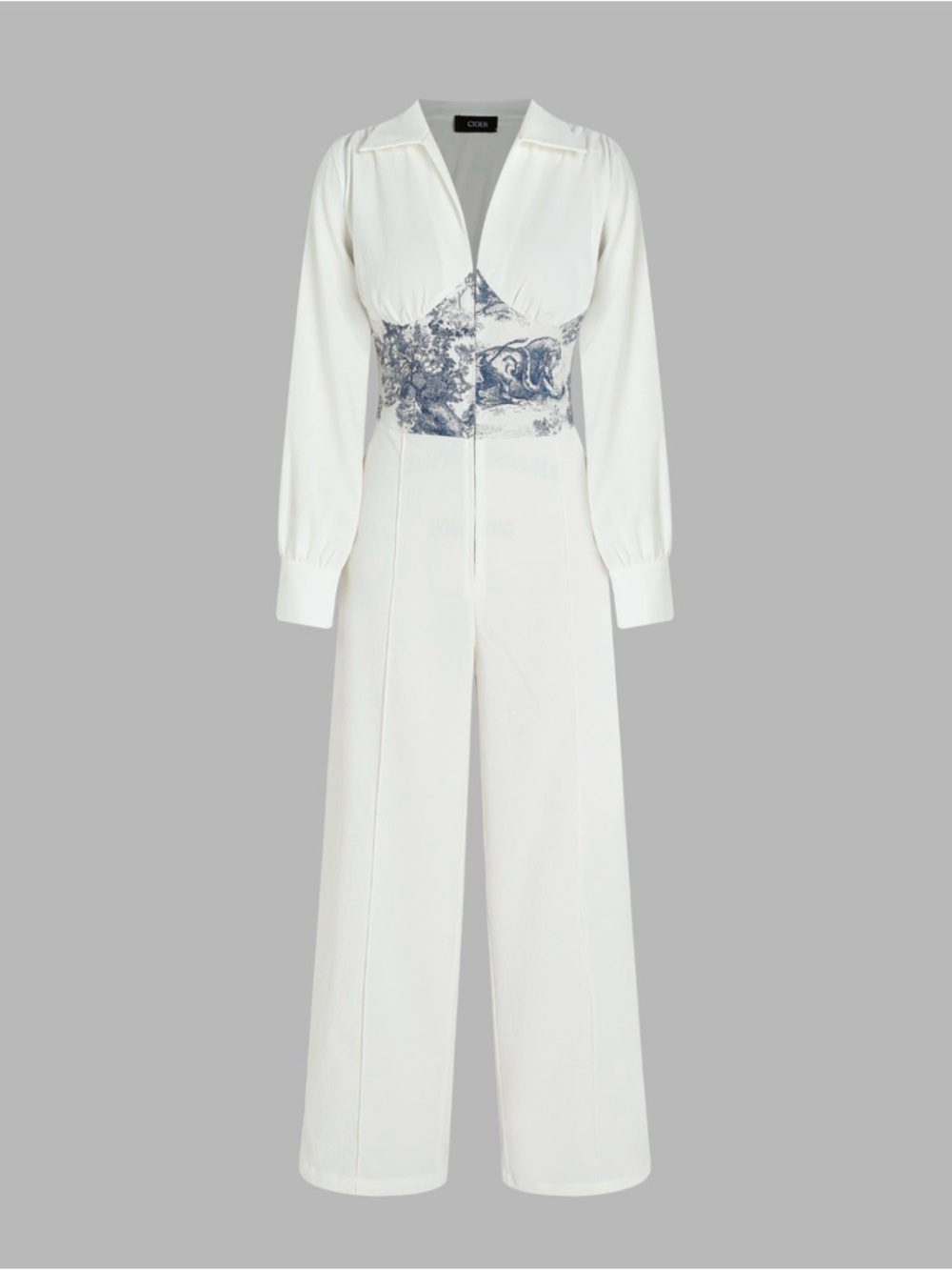 Cider White Long-Sleeve Wide-Leg Jumpsuit with Blue Waist Print
